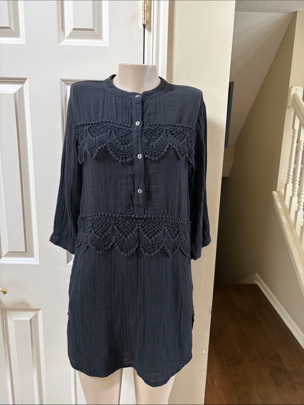 NWT Gypsy 05 Black Gauze Crochet-Trim Tunic Dress, small